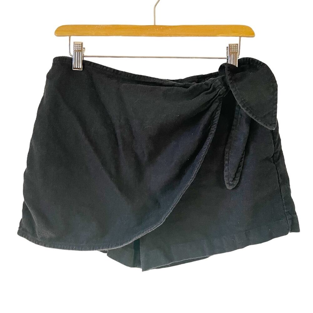 Anthropologie Women Shorts Black Wrap Shirt Front Linen‎ Blend High Waist Size 4